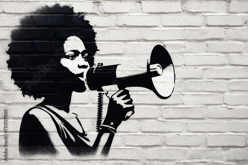 A young black woman with a megaphone, stencil art on a white brick wall. 