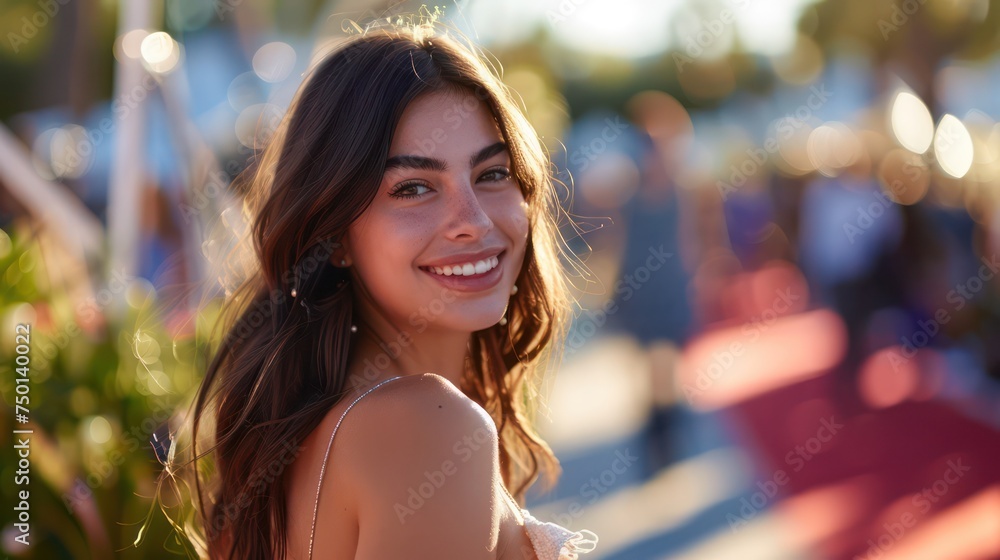 A beautiful model gracefully walks on a red carpet, with a slight smile and glancing back at the camera. A beautiful model gracefully walks on a red carpet, with a slight smile and glancing back at the camera.