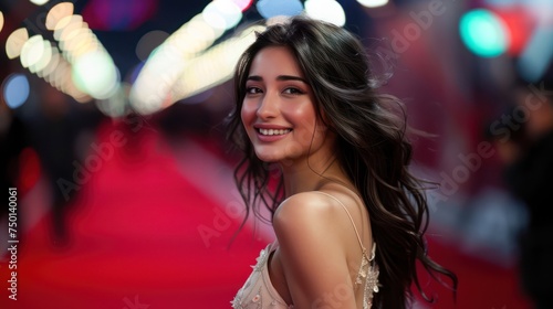 Walking gracefully on a red carpet, a beautiful model sports a slight smile and glances back at the camera.
