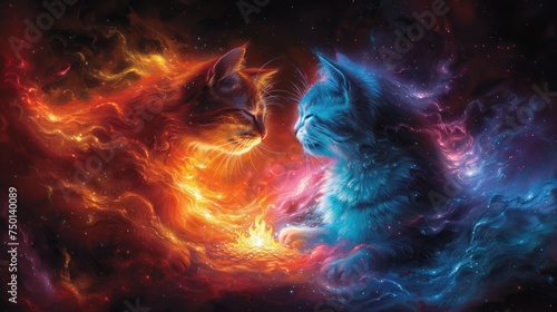 a couple of cats sitting next to each other on top of a space filled with clouds of fire and smoke.