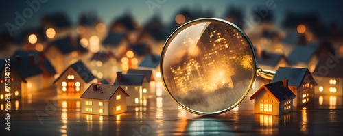 Exploring options in housing market magnifying glass focuses on residential building. Concept Real Estate Market Analysis  Residential Property Trends  Housing Market Research  Homebuyer Preferences