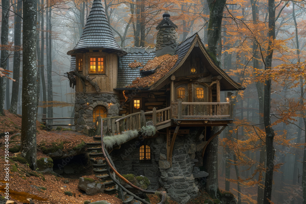 Enchanting Stone Cottage Nestled in an Autumn Forest at Twilight