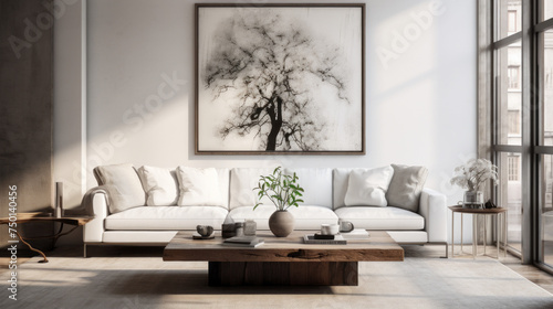 A modern living room with customizable furniture, featuring a white couch and an abstract wall art
