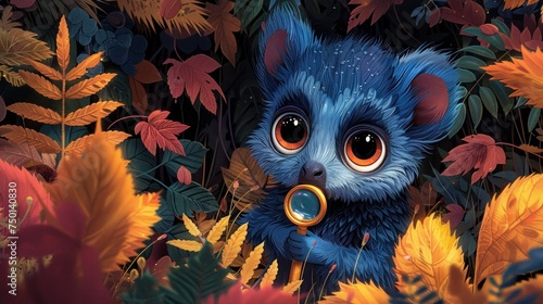  a close up of a painting of a blue cat in a field of leaves with a magnifying glass in it's mouth and a magnifying glass in its mouth. photo