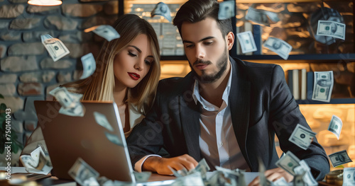 Casal sentados em frente ao notebook com cedulas de dinheiro voando ao seu redor photo