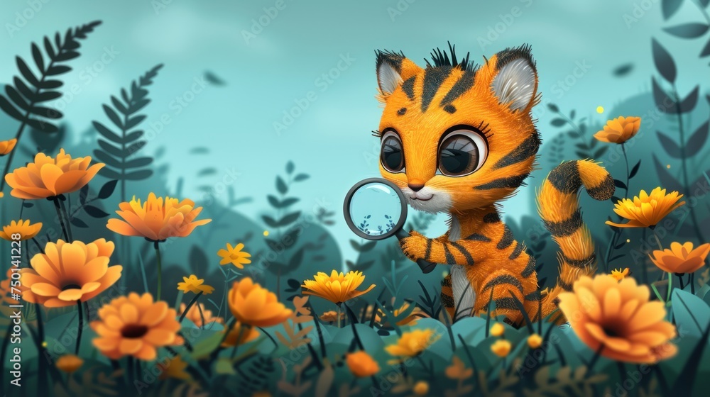 a painting of a tiger cub holding a key in a field of flowers with a blue sky in the background.
