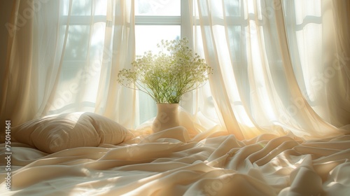 a vase filled with a plant sitting on top of a bed next to a window covered in white drapes. photo