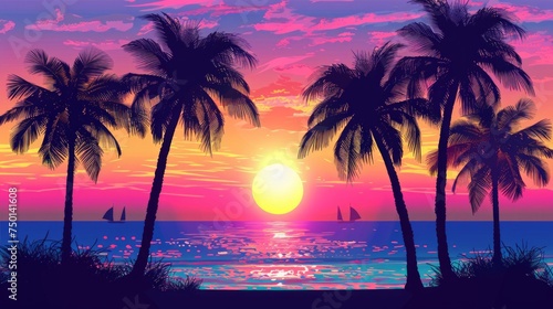 Dark palm trees silhouettes on colorful tropical ocean sunset background  vector illustration