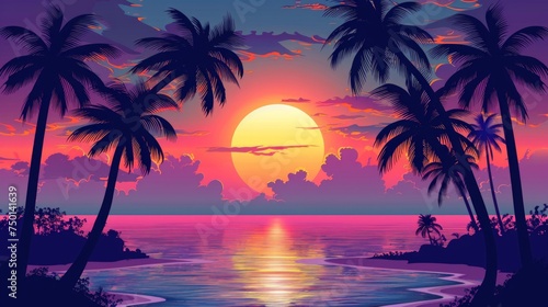 Dark palm trees silhouettes on colorful tropical ocean sunset background, vector illustration © Emil