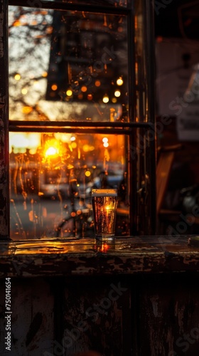  beer glass sits empty on the window sill. 