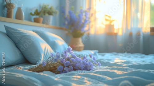 a bouquet of flowers sitting on top of a bed next to pillows and a vase of flowers on the side of the bed. photo