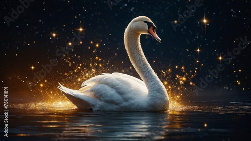Fototapeta Naklejka Na Ścianę i Meble -  Swan swimming on the lake. Beautiful swan wallpaper. Golden swan background.