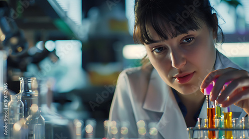 Cientista feminina pipetando líquido em tubo de ensaio em laboratório bem equipado photo