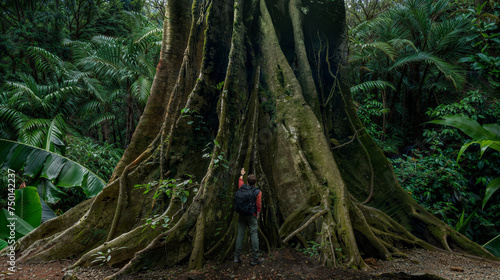 Hiker in the rainforest with big tree