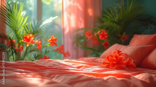 a bed with a pink comforter and orange pillows and a potted plant in the corner of the room. photo