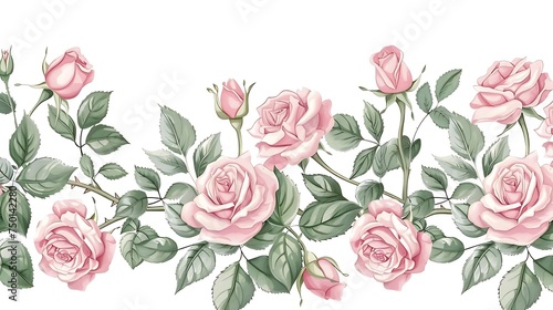 Rose flowers horizontal border. Seamless pattern. Repeating design. Perfect for wedding invitation, greeting cards, stationery. Hand drawn floral illustration isolated on a white. Generative Ai