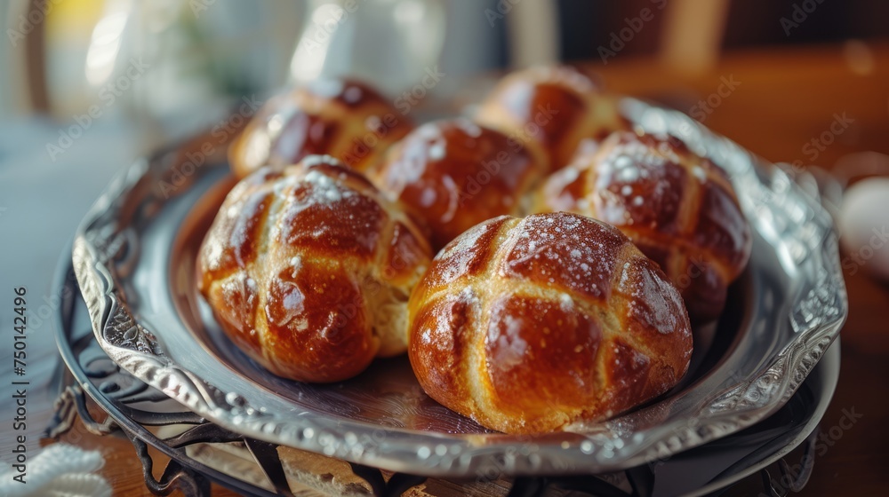 Easter. Good Friday. Freshly baked buns on a linen napkin. Selective focus. Easter. Good Friday. Freshly baked buns on a linen napkin. Selective focus.