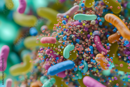 Diverse colorful abstract microbiome, containing many different types of microorganisms. Neural network generated in January 2024. Not based on any actual scene or pattern.