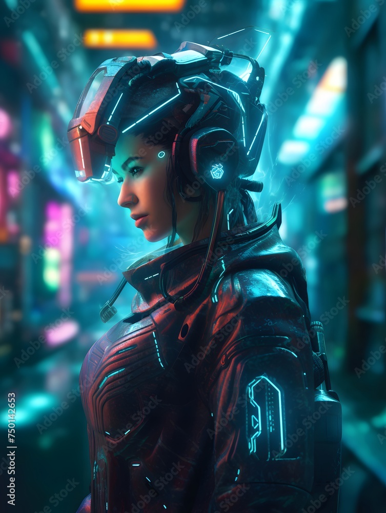 Obraz premium cyberpunk girl in a futuristic cyber suit