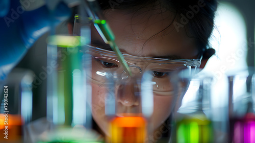 Cientista feminina pipetando líquido em tubo de ensaio em laboratório bem equipado photo