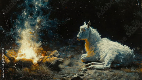 a painting of a white horse sitting on the ground next to a fire pit with rocks and grass around it. photo