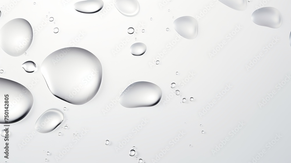 Water drops abstractly decorate a white backdrop.