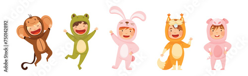 Little Boy and Girl Wearing Animal Costumes Waving Hand and Having Fun Vector Set