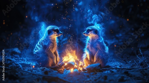 two meerkats sitting in front of a campfire with blue smoke coming out of the top of them.