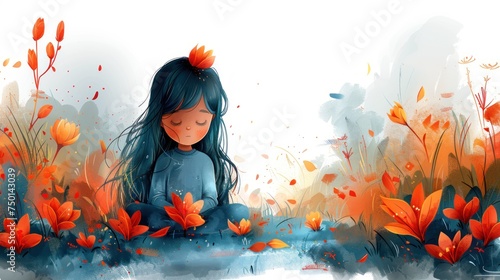 a painting of a little girl sitting in a field of flowers with her eyes closed and her hair blowing in the wind. photo