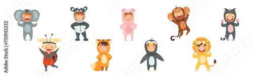 Little Boy and Girl Wearing Animal Costumes Waving Hand and Having Fun Vector Set