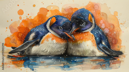 a couple of birds sitting next to each other on top of a body of water in front of an orange and blue background.