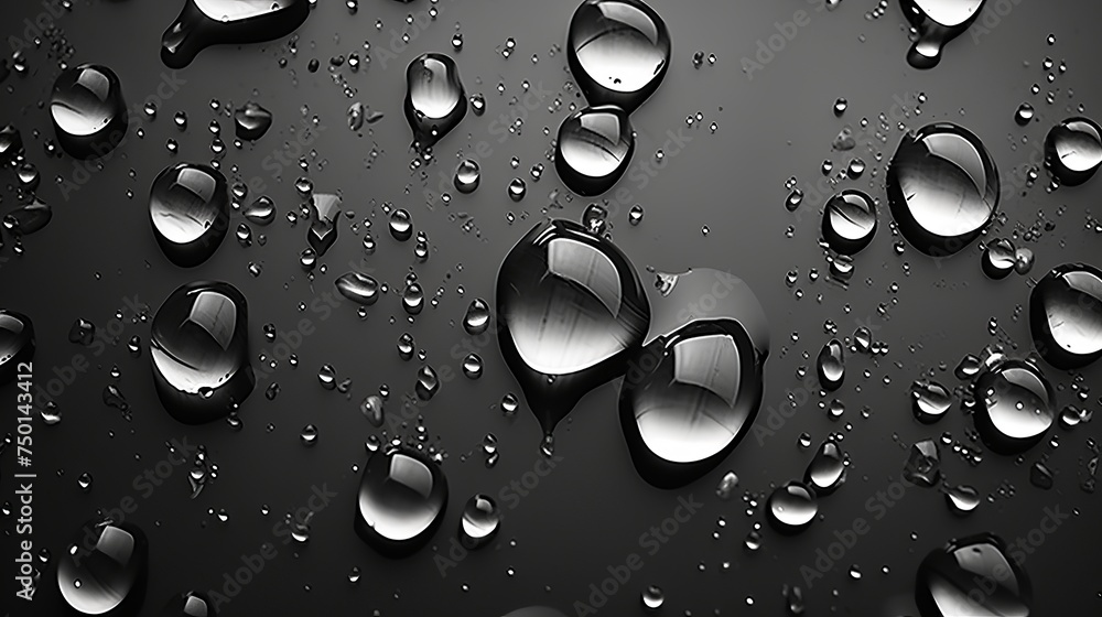 Water drops bead on a water-repellent surface, captured in black and white.