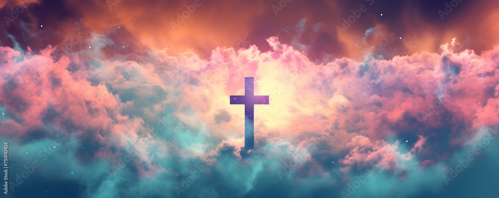 Iconic cross symbolizing Christian faith in resurrection and hope set against a vibrant sky. Concept Religious Symbolism, Christian Faith, Hope, Resurrection, Vibrant Sky