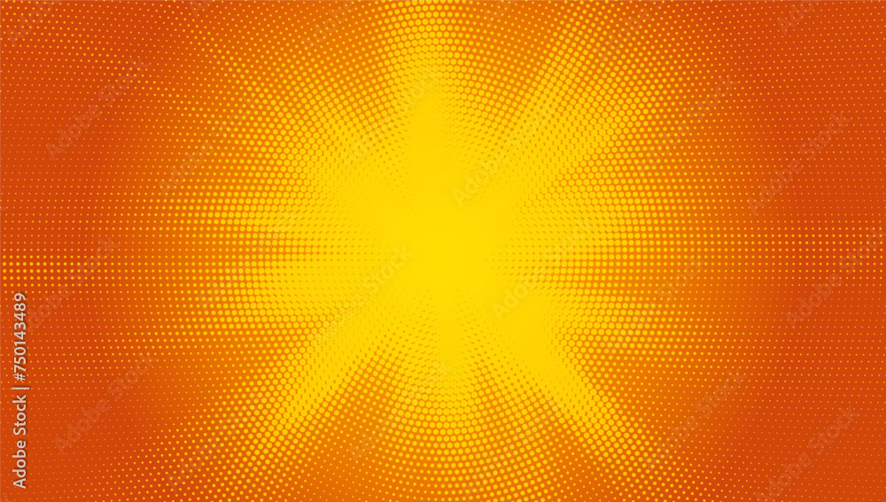 Obraz premium Retro yellow sunburst vector background with halftone rays. Vector graphic art template for summer themes. Burst of orange and yellow rays in a comic book style illustration.