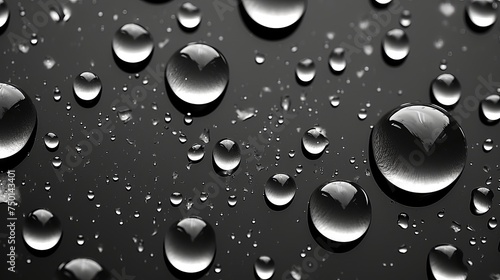 Water drops bead on a water-repellent surface  captured in black and white.