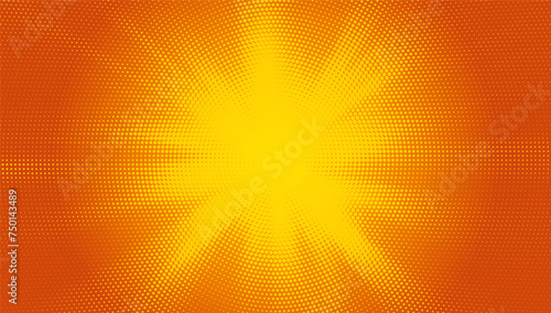 Retro yellow sunburst vector background with halftone rays. Vector graphic art template for summer themes. Burst of orange and yellow rays in a comic book style illustration.