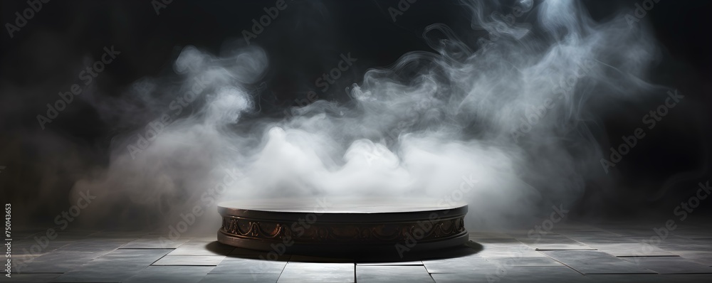 Billowing Smoke on Sleek Stone Platform in Dimly Lit Space - with Blurred Background and Copy Space. Concept Smoke Effects, Stone Platform, Dim Lighting, Blurred Background, Copy Space