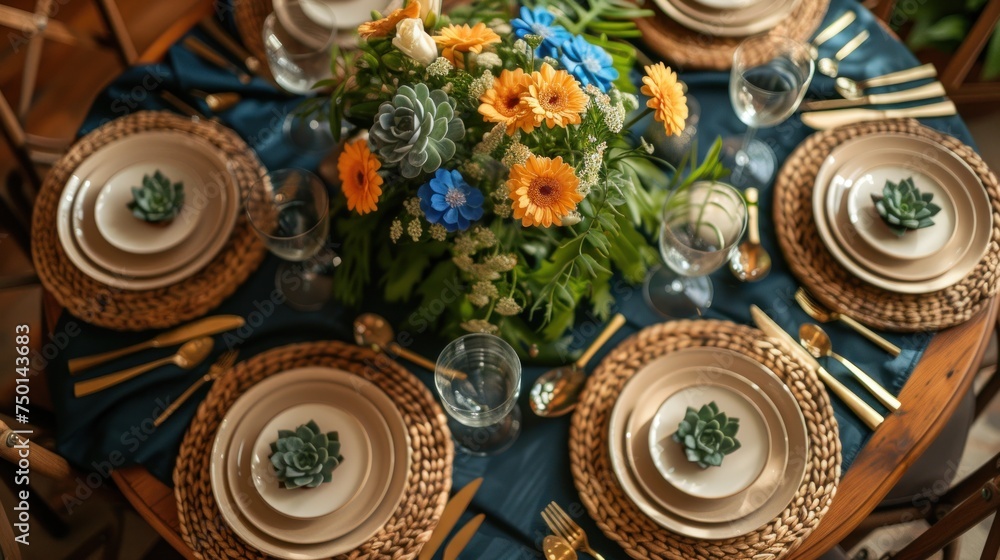 a close up of a table with a bunch of plates and a bouquet of flowers on top of the table.