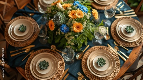 a close up of a table with a bunch of plates and a bouquet of flowers on top of the table. photo