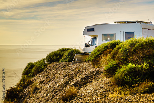 Caravan camping on coast, Spain.