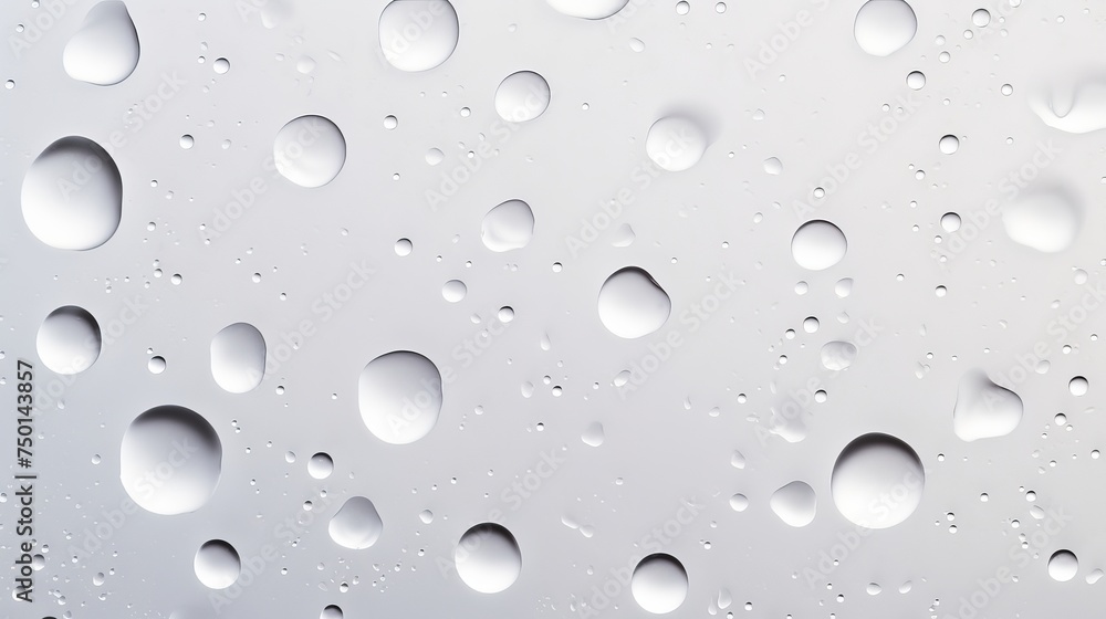 Water drops grace a white background, creating a minimalist yet elegant scene.