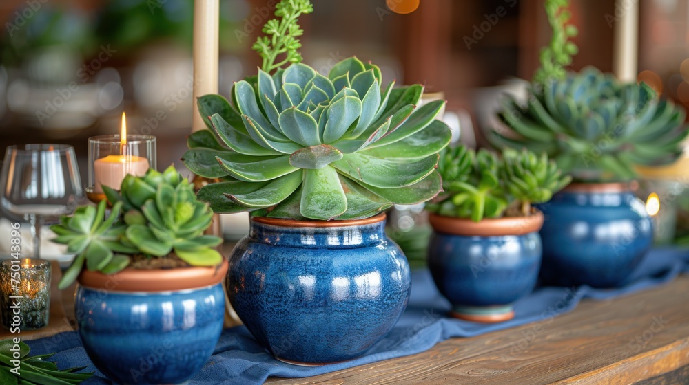 a table topped with blue vases filled with succulents on top of a blue cloth covered table. a table topped with blue vases filled with succulents on top of a blue cloth covered table.