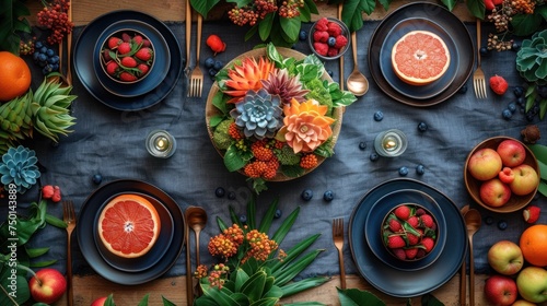 a table topped with blue plates covered in fruit and veggies next to oranges and succulents.