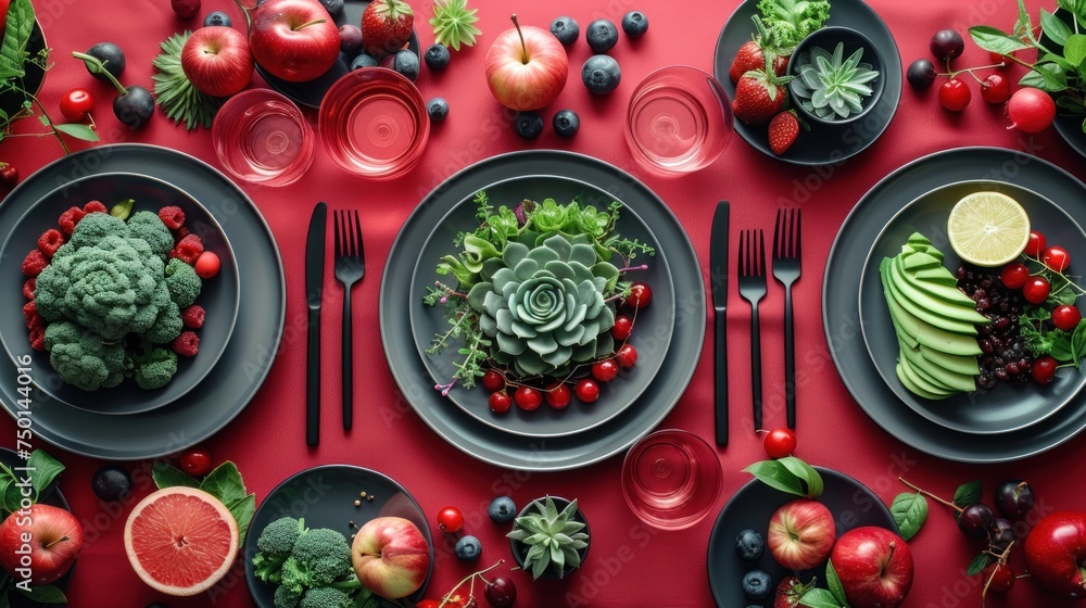 a table topped with black plates filled with fruit and veggies next to utensils and utensils. a table topped with black plates filled with fruit and veggies next to utensils and utensils.