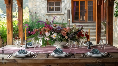 a table topped with a vase filled with flowers next to a couple of wine glasses and a plate on top of a wooden table. photo