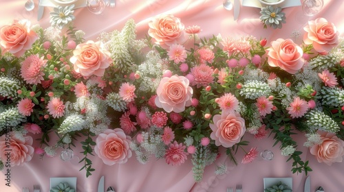 a bunch of pink flowers sitting on top of a pink table covered in pink and white flowers and greenery. photo