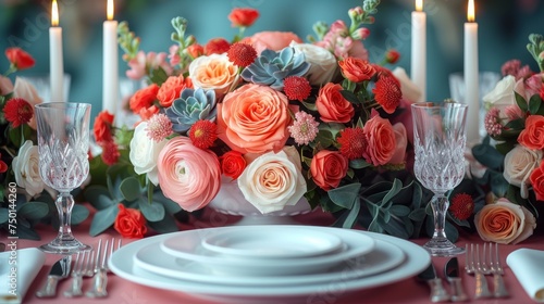 a close up of a plate on a table with a bouquet of flowers and candles in the middle of the table. photo
