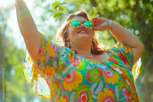 Lucky plus-size lady overweight woman in fashion sunglasses and colorful sundress happy dancing.