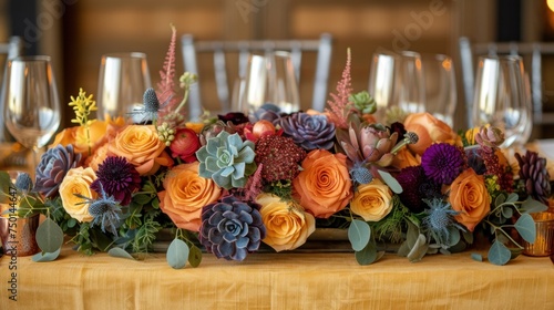 a close up of a table with a bunch of flowers on it and wine glasses on the side of the table. photo