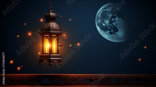 A 3D wallpaper captures the essence of Ramadan and Eid al-Fitr, featuring lanterns, walls, and a crescent moon. photo